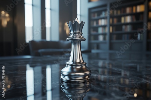 Silver chess queen piece on reflective surface in library setting