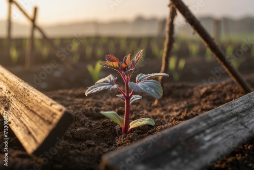 Young plant growing in soil with wooden supports at sunrise