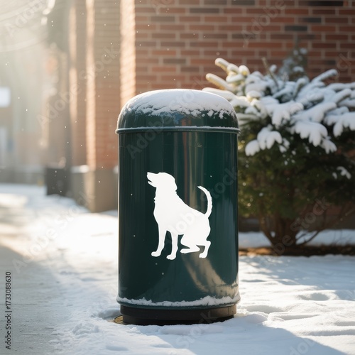 Green dog waste bin with white silhouette of a dog in the snow