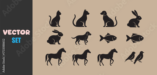 Collection of silhouetted domestic and wild animals on a neutral background