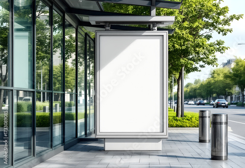 Vertical billboard mockup, brushed aluminum extrusion frame 40 mm, poster vinyl 0.25 mm matte laminated, size 1000×1600 mm portrait, installed on concrete pavement at bus stop, background with cars 
