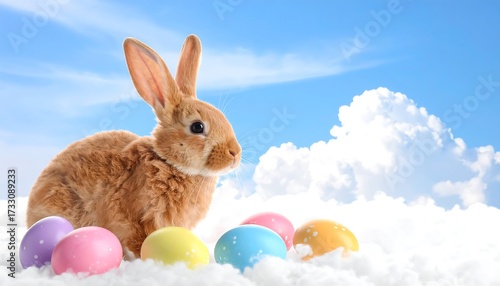 An orange rabbit sits amidst fluffy white clouds and colorful eggs against a bright blue sky