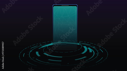 Modern futuristic mobile phone background with glowing circular tech elements and polygon mesh design, perfect for digital themes, UI mockups, and technology concepts