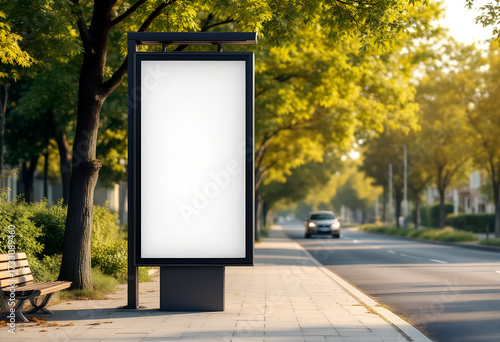 Vertical billboard mockup, brushed aluminum extrusion frame 40 mm, poster vinyl 0.25 mm matte laminated, size 1000×1600 mm portrait, installed on concrete pavement at bus stop, background with cars 