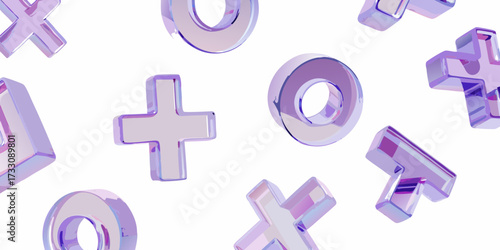 Abstract background of translucent purple and pink glass tic tac toe game symbols floating on white