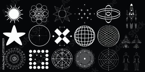 Collection of abstract geometric shapes celestial bodies and futuristic elements on a black background