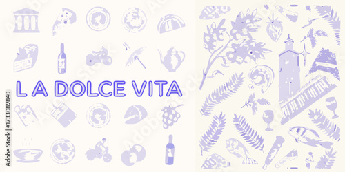 La dolce vita italian lifestyle collage with food architecture and nature elements