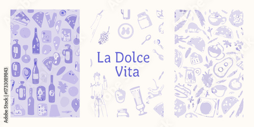 La dolce vita italian lifestyle collage featuring food drink and people in purple hues
