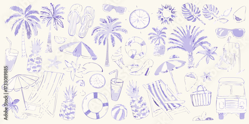 Whimsical hand drawn purple summer vacation icons and tropical elements on a cream background