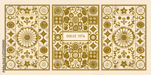 Triptych of decorative floral and geometric patterns in earth tones with dolce vita text