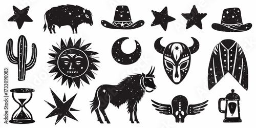 Collection of black and white western and tribal style icons with a distressed texture
