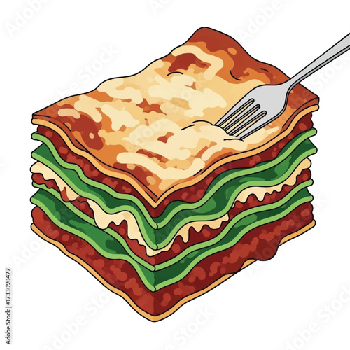 Illustration of a lasagna with layers of pasta, sauce, and cheese.