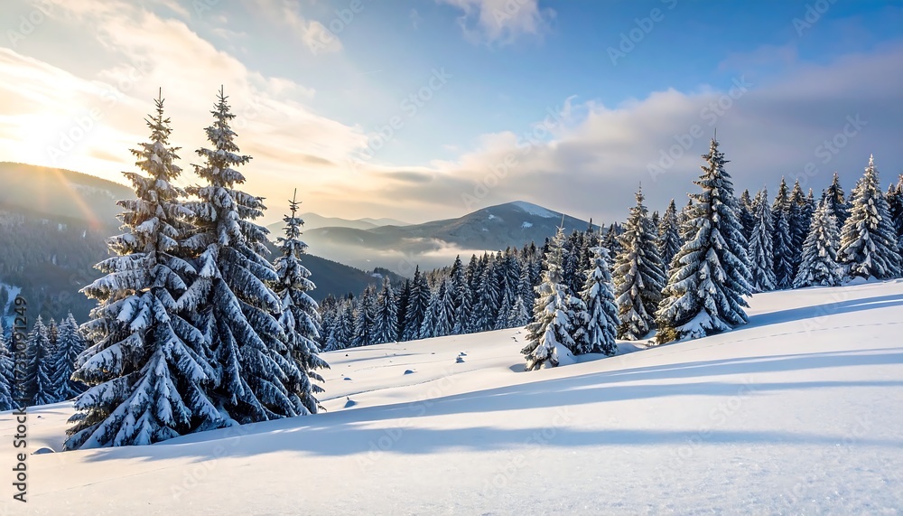 Fototapeta premium Snowy mountain sunrise landscape