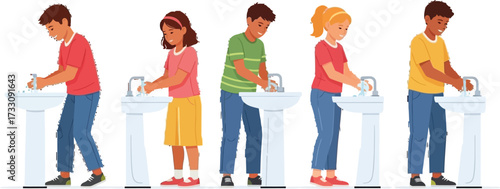 Diverse group of kids washing hands at sinks, promoting hygiene and healthy habits in schools or public spaces, demonstrating cleanliness best practices
