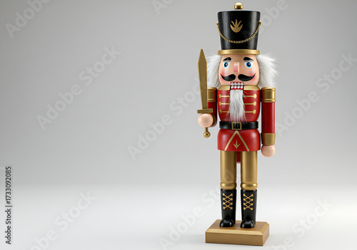 Classic wooden Nutcracker soldier on neutral surface representing festive nostalgia, holiday customs and decorative charm