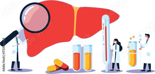 Medical professionals meticulously examine a giant liver with magnifying glass and test tubes in a modern lab setting, representing health research and diagnostics.