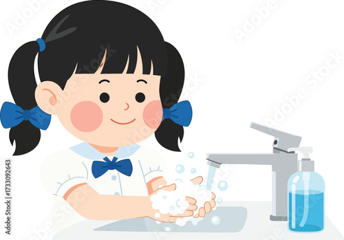 Joyful child happily washing hands with soap and water, promoting health and hygiene habits for kids and families