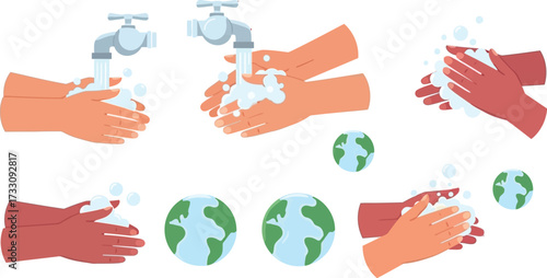 Protecting global health by showing diverse hands washing with soap and water, preventing germ spread worldwide