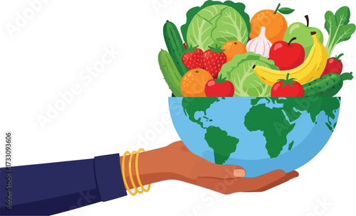 Nourishing our planet: Hand holds bowl brimming with fresh global produce celebrating healthy eating and sustainable food choices.