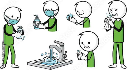 Essential hygiene steps shown through simple stick figures demonstrating hand washing, sanitizing, and covering coughs for public health awareness