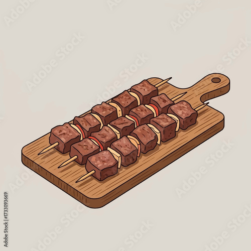 An illustration of three raw meat and vegetable kebabs prepared for grilling on a wooden cutting board.