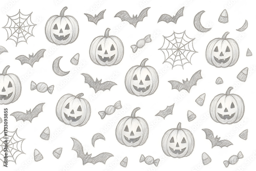 Fototapeta premium A seamless Halloween pattern featuring hand-drawn, sketchy illustrations of jack-o'-lanterns, bats, spiderwebs, moons, and candy on a white background.