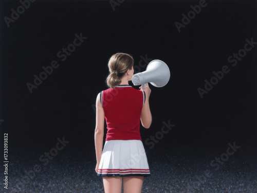 Cheerleader in red top and white skirt holding megaphone standing with back to camera in dark background