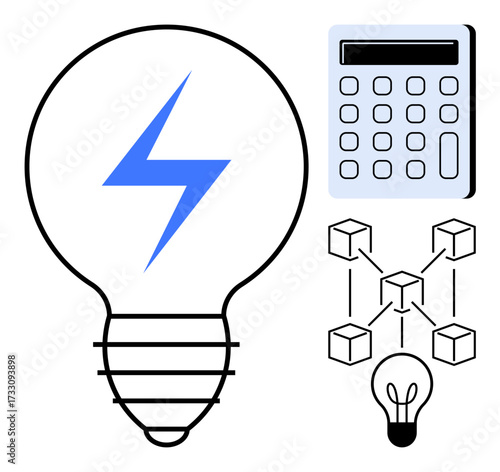 Light bulb with lightning icon, digital calculator, blockchain network, and small bulb design. Ideal for technology, innovation, energy, finance education blockchain and creativity. Simple flat
