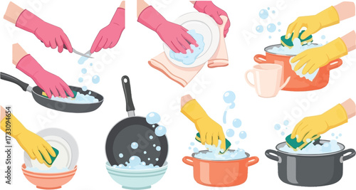 Hands wearing colorful gloves diligently scrub dishes, pans, and pots, creating a sparkling clean kitchen environment with bubbly suds.