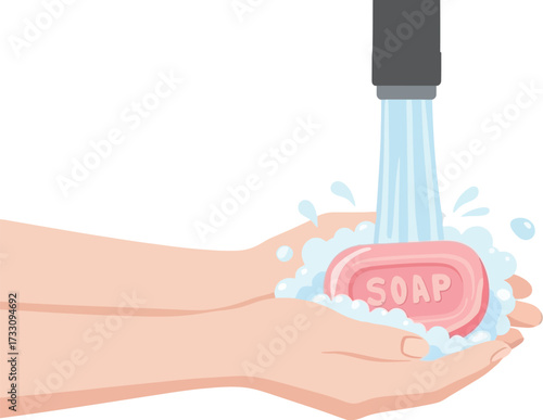 Gentle hands lathering pink soap under flowing water, creating abundant foam for hygienic cleansing and germ protection.