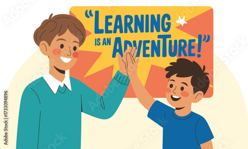 Learning Adventure: Father and Son High Five Illustration