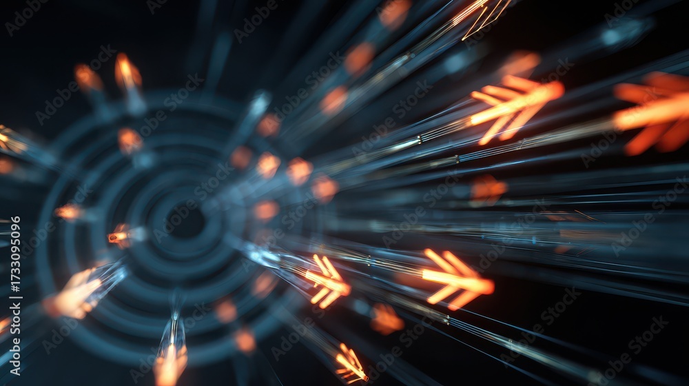 Fototapeta premium Glowing orange arrows converging abstract light streaks bright convergence