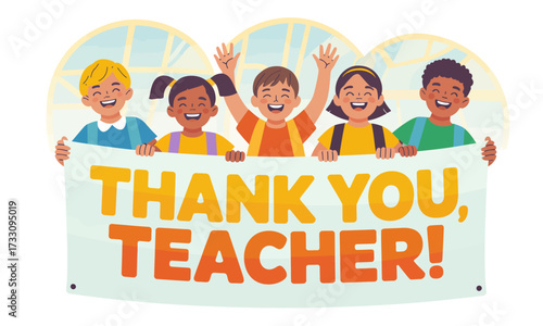 Cheerful Children Holding "Thank You, Teacher!" Banner