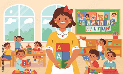 Kindergarten Teacher with Children Learning in Classroom Illustration