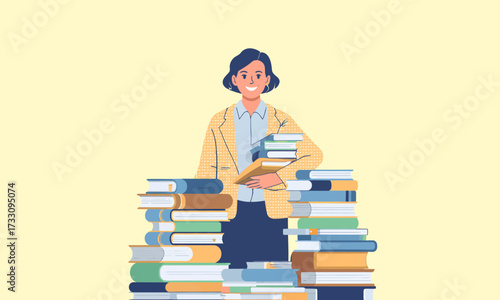 Illustrated Woman Holding Books, Surrounded by Stacks