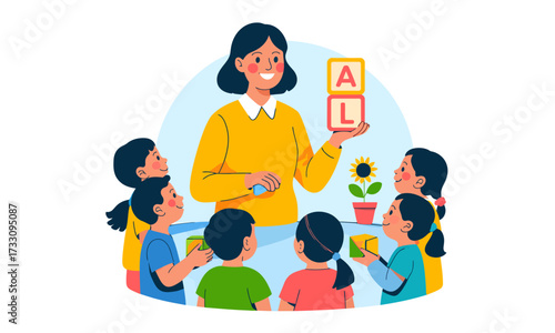 Early Learning: Teacher and Students with Alphabet Blocks