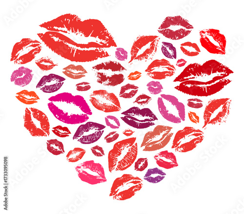 Colorful lipstick kiss marks in heart form.Lipstick kiss marks in heart form isolated on a white background