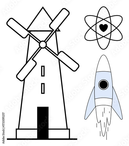 Windmill generating power, rocket launching upward, and atomic heart symbolizing energy, creativity, and eco-consciousness. Ideal for renewable energy, science, future tech, love growth
