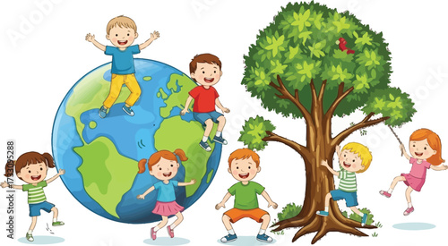 Joyful children explore the world and play around a vibrant tree, celebrating global unity and outdoor fun in an imaginative scene