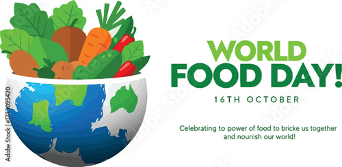 Celebrate World Food Day on October 16th with vibrant fresh produce overflowing from a bountiful earth, symbolizing global nourishment and unity.