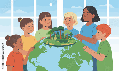 Children Protecting Earth: Diverse Kids Care for Environment, Globe Model