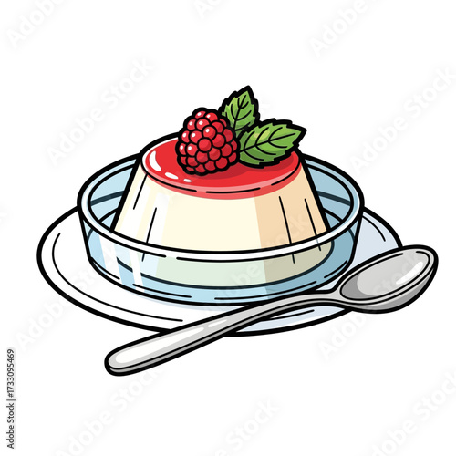 Charming Cartoon Panna Cotta Dessert, Hand-Drawn Bold Line Art Illustration, Italian Cream Pudding Icon