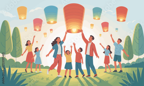 Lantern Festival Celebration: Family Releasing Sky Lanterns in a Park