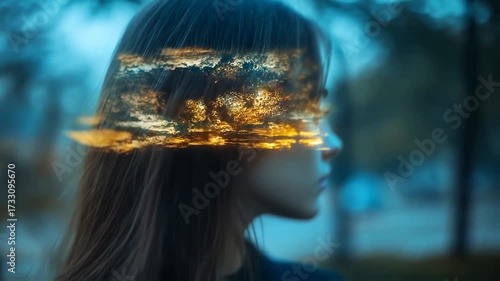 Reflective Portrait with Sunset Overlay