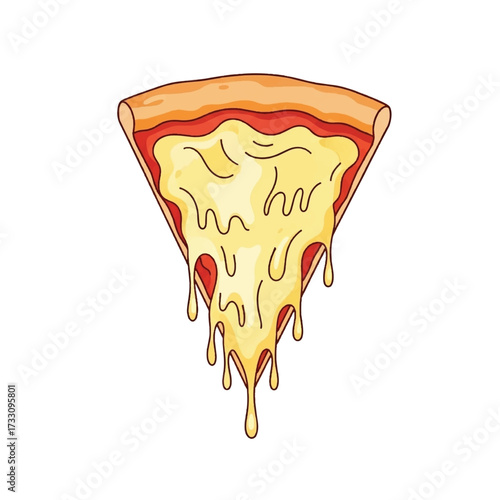 A colorful cartoon illustration of a single slice of cheese pizza with gooey, melting cheese dripping down from the crust.
