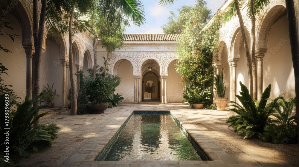 Fototapeta premium Serene Andalusian Courtyard: Architectural marvel, tranquil oasis, sun-drenched haven