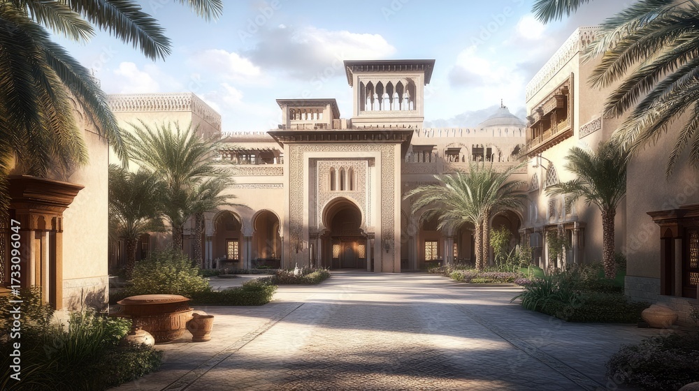 Fototapeta premium Magnificent Arabian Palace Courtyard: A Vision of Luxury and Serenity