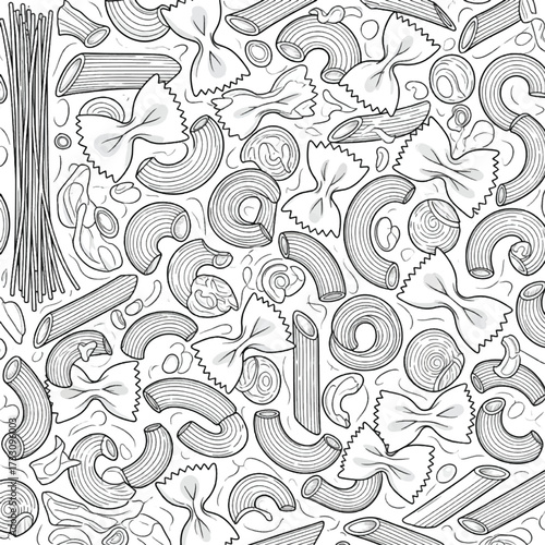 A detailed black and white illustration of various types of pasta, including spaghetti, farfalle, penne, and macaroni, arranged in a seamless pattern.
