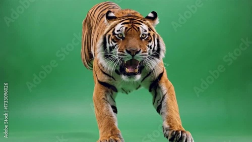 A tiger jumping straight toward the camera with an aggressive roar, recorded in front of a full-frame greenscreen