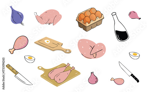 Raw Chicken Meat and Eggs Food Set Illustration